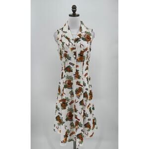 Banned Vintage White Aloha Print Collared Sleeveless Button Midi Dress Sz M